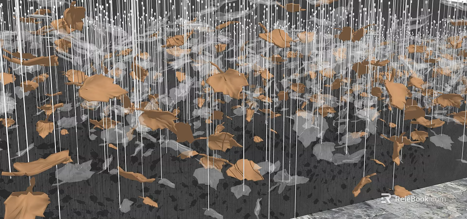 Hanging Orange And Gray Leaf Shaped Art Installation On Dark Backdrop 3d model