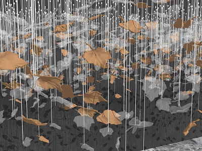 Hanging Orange And Gray Leaf Shaped Art Installation On Dark Backdrop 3d model