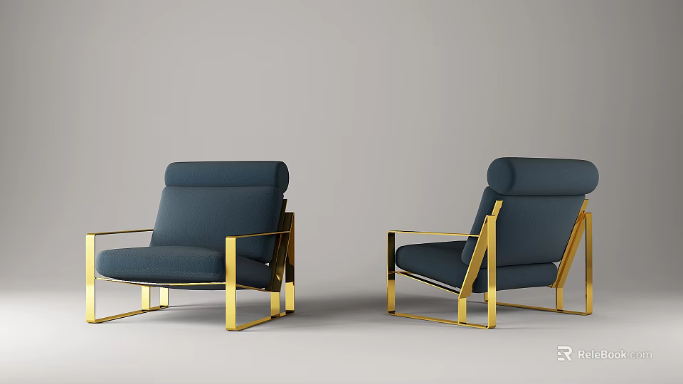 Two Blue Single Sofas with Gold Metal Frame and Gray Background 3d model