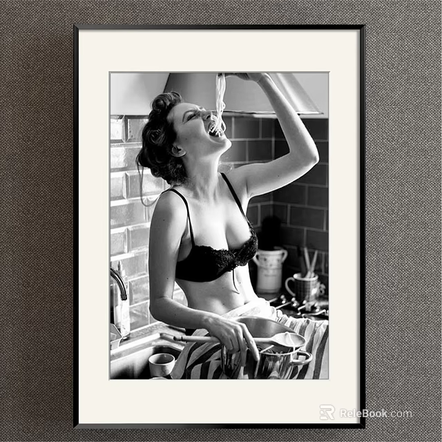 Vintage Black and White Female Portrait in Kitchen with Brick Wall Utensils and Countertop 3d model 
