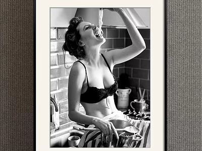 Vintage Black and White Female Portrait in Kitchen with Brick Wall Utensils and Countertop 3d model