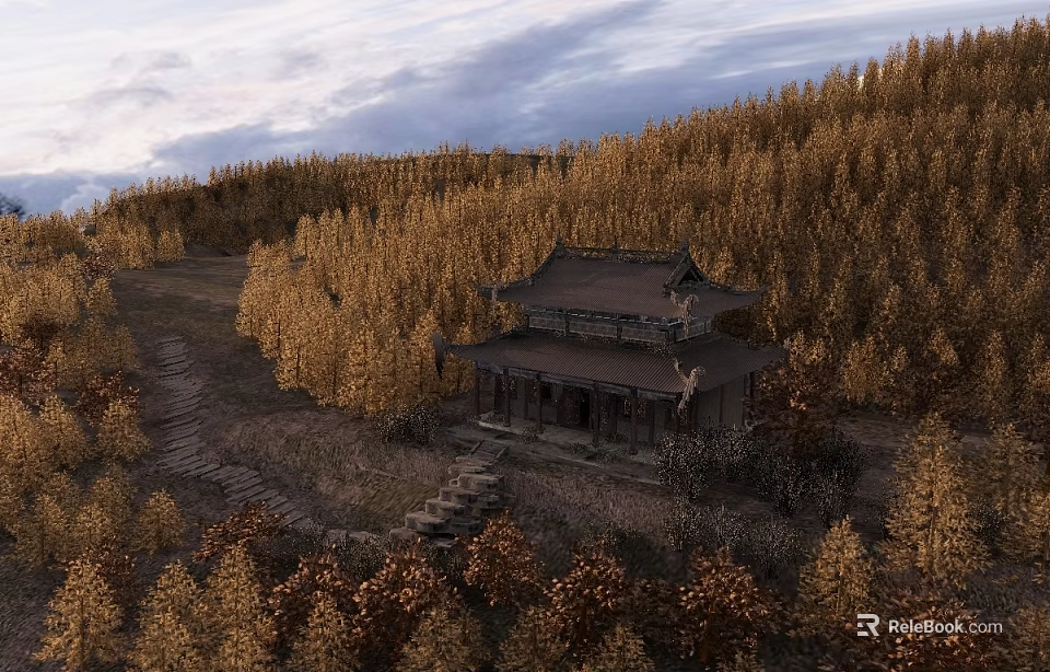 Ancient Traditional Building Surrounded by Golden Trees on Mountain Slope with Stone Steps 3d model 