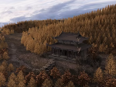 Ancient Traditional Building Surrounded by Golden Trees on Mountain Slope with Stone Steps 3d model