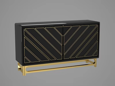 Black Sideboard Cabinet With Gold Geometric Patterns And Double Doors On Gold Legs 3d model