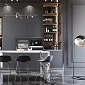 Elegant Modern Bar Counter With Marble Top Pendant Lights And Black Stools In Stylish Interior