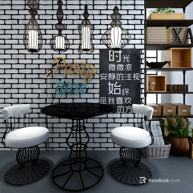 Modern Dining Table With White Seats And Black Metal Frame In Room With Brick Wall Pendant Lights Bookshelves And Green Plant 3d model 