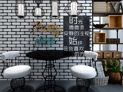 Modern Dining Table With White Seats And Black Metal Frame In Room With Brick Wall Pendant Lights Bookshelves And Green Plant 3d model