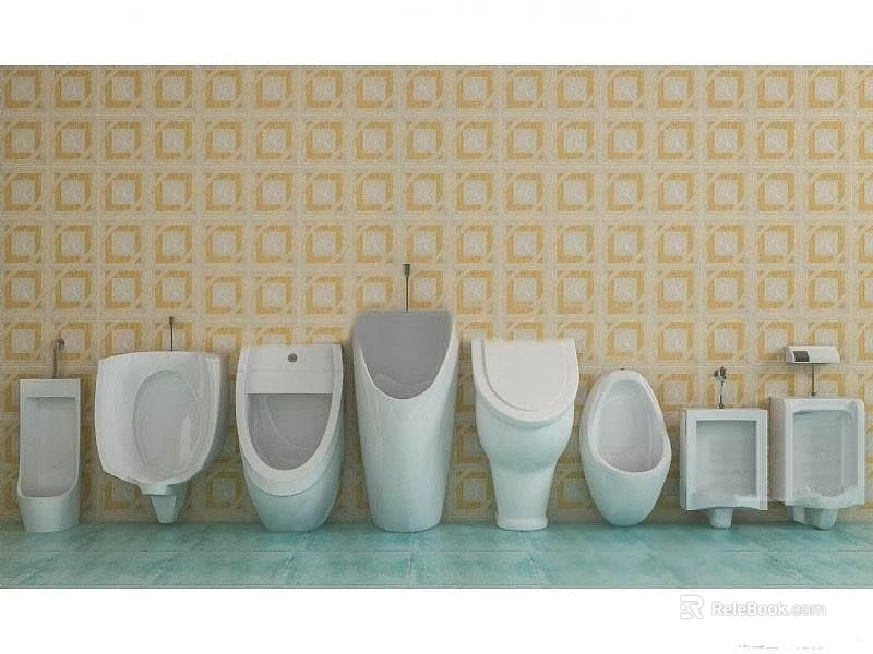 Multiple Urinals Arranged Against Yellow Patterned Wall With Green Floor 3d model