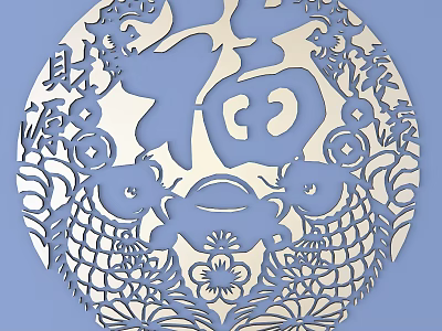 Traditional Chinese Carving Artwork with Fortune Character Double Fish and Floral Patterns in Circular Design 3d model
