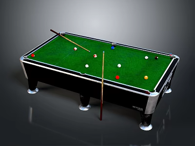 Professional Billiard Table With Green Felt Surface Balls And Cues 3d model