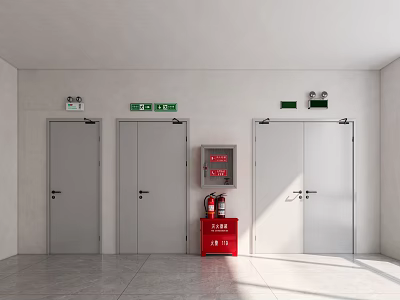 Room Interior With Four Gray Doors Green Exit Signs And Red Fire Cabinet 3d model