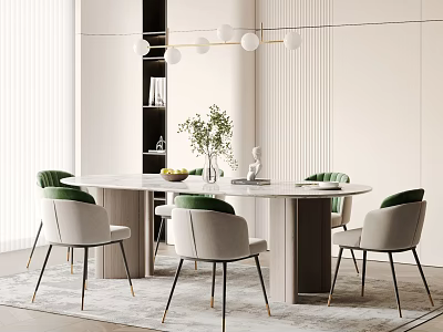 Modern Round Dining Table Set With Green Velvet Chairs And Decorative Plant On Table 3d model