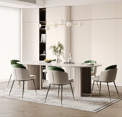Modern Round Dining Table Set With Green Velvet Chairs And Decorative Plant On Table 3d model