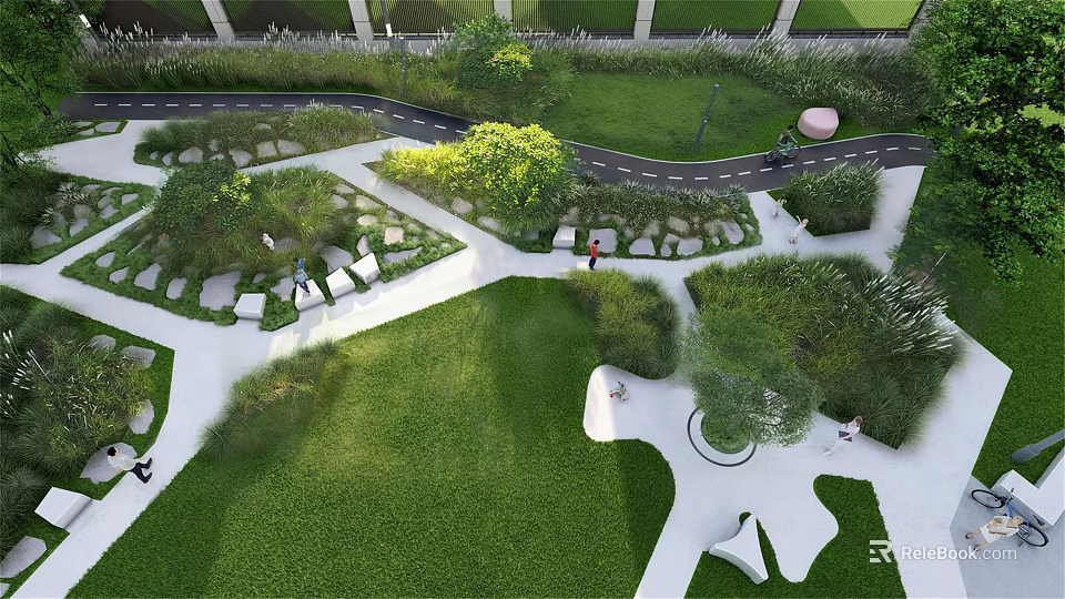 Park Landscape Design With Green Lawns Curved Paths Stone Pavers And Lush Trees 3d model 