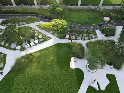 Park Landscape Design With Green Lawns Curved Paths Stone Pavers And Lush Trees 3d model