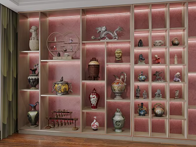 Decorative Ornaments Collection With Sculptures Vases And Figurines In Wooden Display Cabinet 3d model