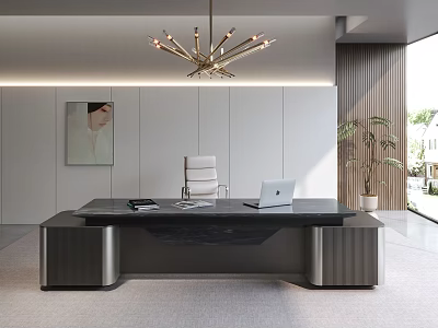 Modern Office Desk With Laptop Documents White Chair Wall Painting Chandelier And Potted Plant 3d model