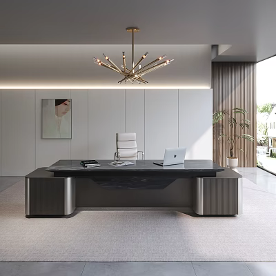 Modern Office Desk With Laptop Documents White Chair Wall Painting Chandelier And Potted Plant 3d model