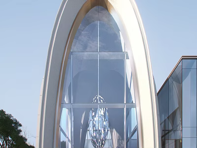 Modern Sales Office Building with Arched Glass Curtain Wall Chandelier and Adjacent Contemporary Glass Structures 3d model