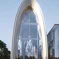 Modern Sales Office Building with Arched Glass Curtain Wall Chandelier and Adjacent Contemporary Glass Structures