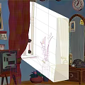 Cartoon Room Scene With Red Curtain Vintage TV Clock Mirror And Cat Doll