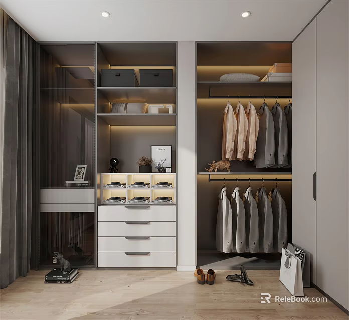 Modern Walk in Closet Interior With Hanging Clothes Drawers And Lighting 3d model 