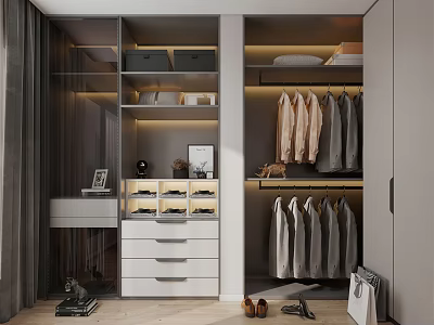 Modern Walk in Closet Interior With Hanging Clothes Drawers And Lighting 3d model