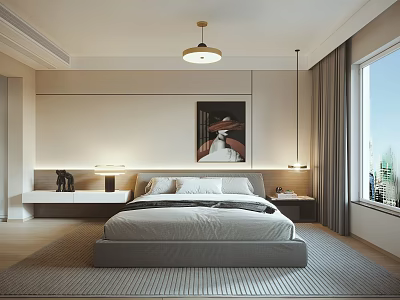 Modern Bedroom Interior with Large Bed Decorative Painting Pendant Light Side Tables and Window Curtains 3d model