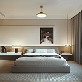 Modern Bedroom Interior with Large Bed Decorative Painting Pendant Light Side Tables and Window Curtains