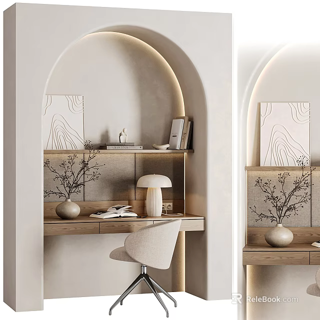 Stylish Arched Desk Interior With Wooden Surface Table Lamp Books Vase And Decorative Painting 3d model 
