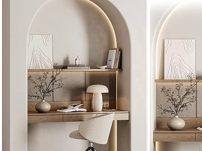 Stylish Arched Desk Interior With Wooden Surface Table Lamp Books Vase And Decorative Painting 3d model