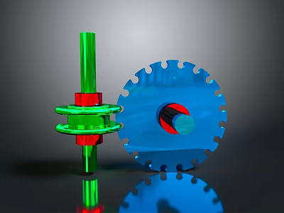 Green Red Cylindrical Component And Blue Gear Shaped Part With Reflection On Dark Background 3d model
