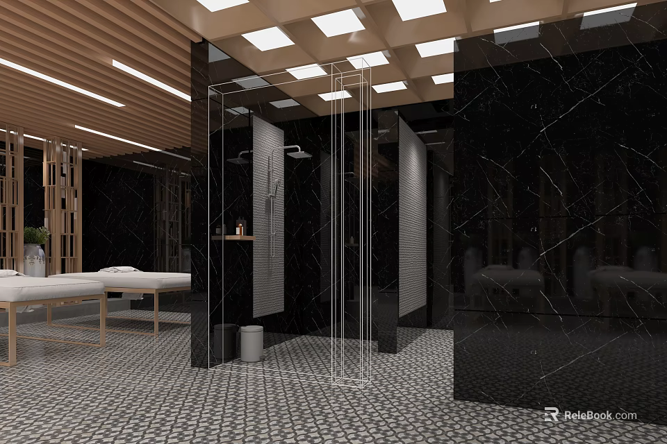 Modern SPA Sauna Interior With Black Marble Walls Glass Shower And Wooden Massage Beds 3d model 