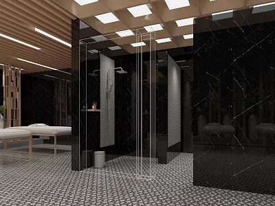 Modern SPA Sauna Interior With Black Marble Walls Glass Shower And Wooden Massage Beds 3d model