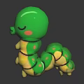 Green Caterpillar Toy Yellow Green Stripes Closed Eyes Pink Cheeks on Black Surface with Reflection