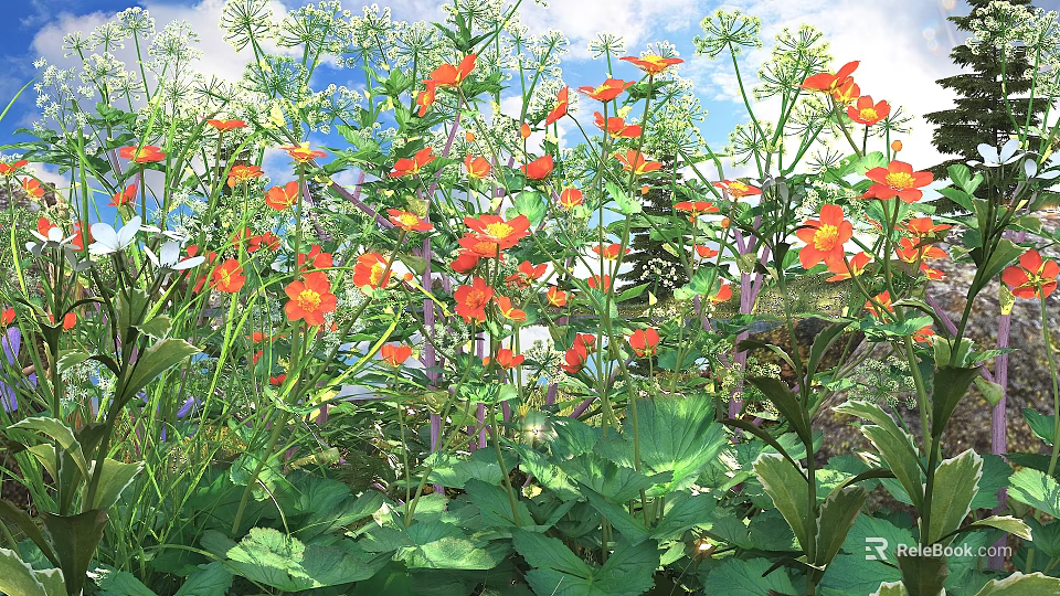Vibrant Orange Flowers With Lush Green Leaves In Sunlit Natural Garden Space 3d model 