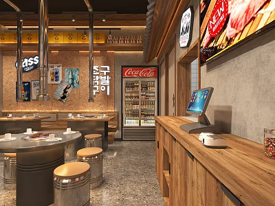 Modern Restaurant Interior With Wooden Counter Metal Stools Dining Tables And Beverage Cooler 3d model