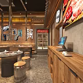 Modern Restaurant Interior With Wooden Counter Metal Stools Dining Tables And Beverage Cooler