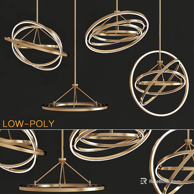 Modern Low Poly Chandeliers With Geometric Circular Rings And Golden Metal Design 3d model 
