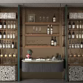 Modern Wine Cabinet With Wooden Panels Gold Frame And Wine Bottles Storage Shelves