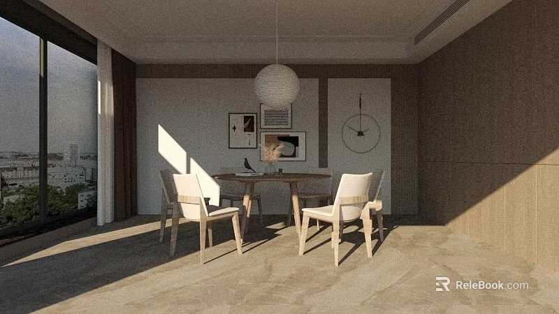 Modern Restaurant Interior Featuring Dining Table White Chairs Pendant Light Wall Clock And Natural Light 3d model 