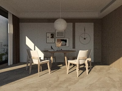Modern Restaurant Interior Featuring Dining Table White Chairs Pendant Light Wall Clock And Natural Light 3d model