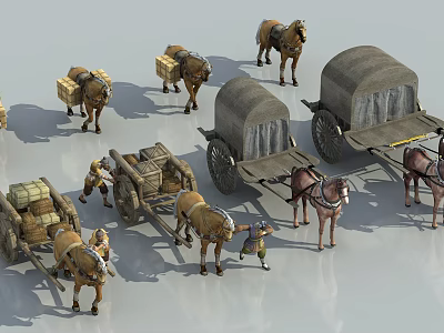 Ancient Horse Drawn Carriages Carrying Goods And Men Loading Supplies 3d model