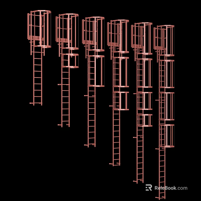 Red Fire Ladders As Fire Equipment Structures Arranged On Black Background 3d model 