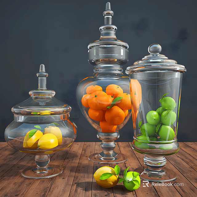 Elegant Ceramic Storage Jars Holding Lemons Oranges Green Apples on Wooden Table 3d model 