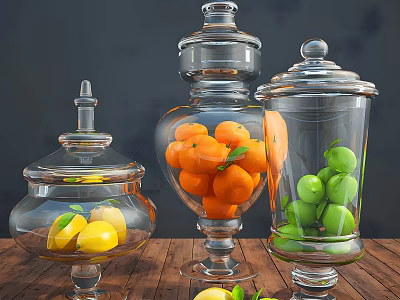 Elegant Ceramic Storage Jars Holding Lemons Oranges Green Apples on Wooden Table 3d model