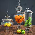 Elegant Ceramic Storage Jars Holding Lemons Oranges Green Apples on Wooden Table