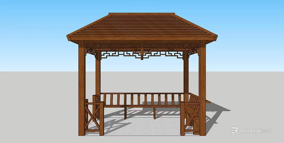 Chinese Traditional Wooden Pavilion With Intricate Carved Roof And Bench Seating 3d model 