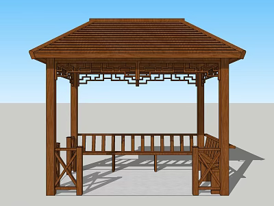 Chinese Traditional Wooden Pavilion With Intricate Carved Roof And Bench Seating 3d model