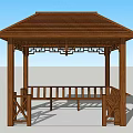 Chinese Traditional Wooden Pavilion With Intricate Carved Roof And Bench Seating